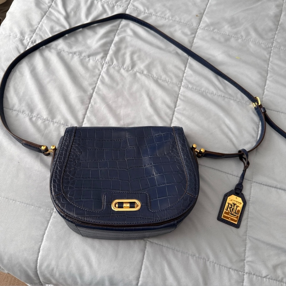 Ralph Lauren Croc-Embossed Midnight Blue Crossbody Bag